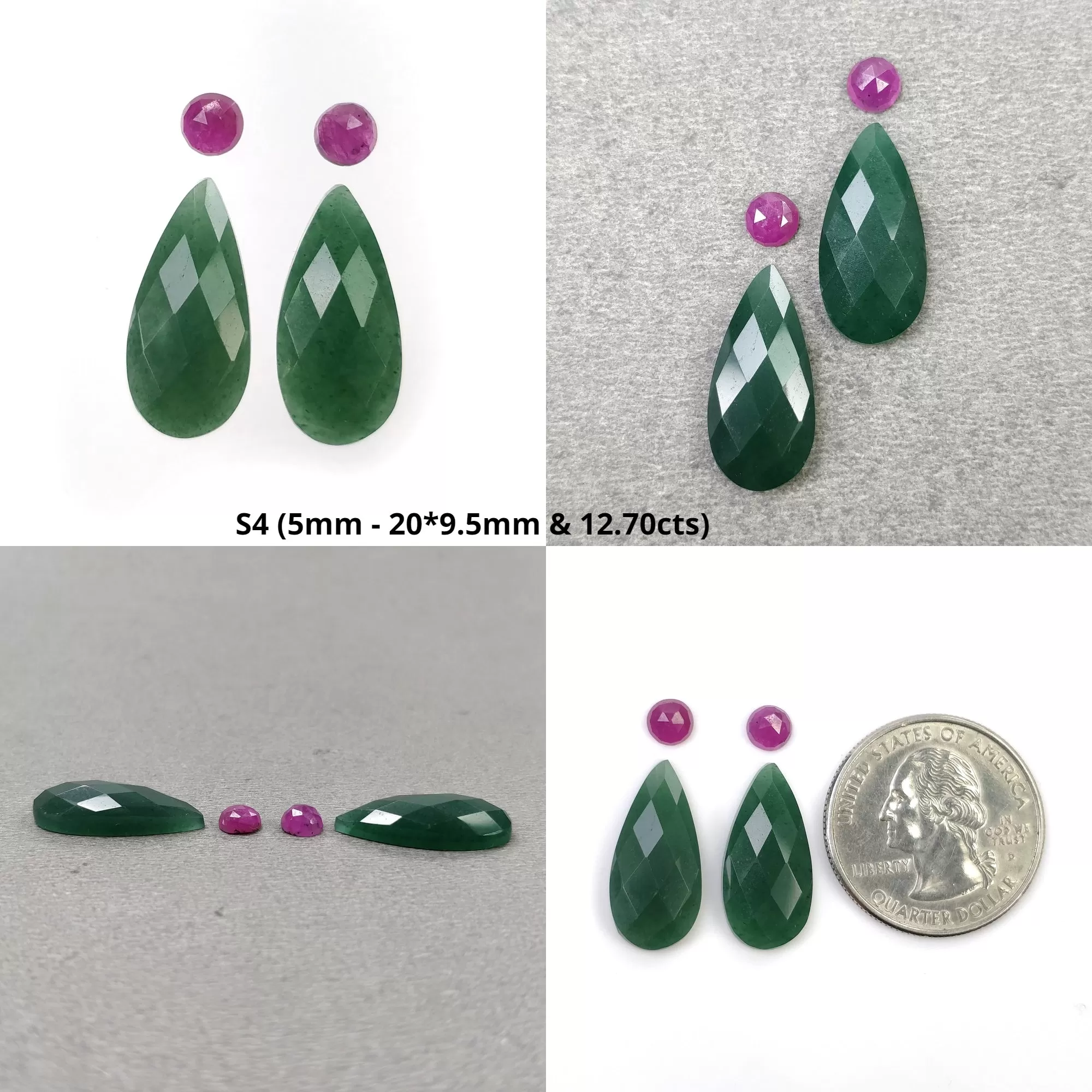 GREEN QUARTZITE & Raspberry Pink Sapphire Gemstone Checker Rose Cut : Natural Untreated Quartzite Pear Round Shape 4pcs