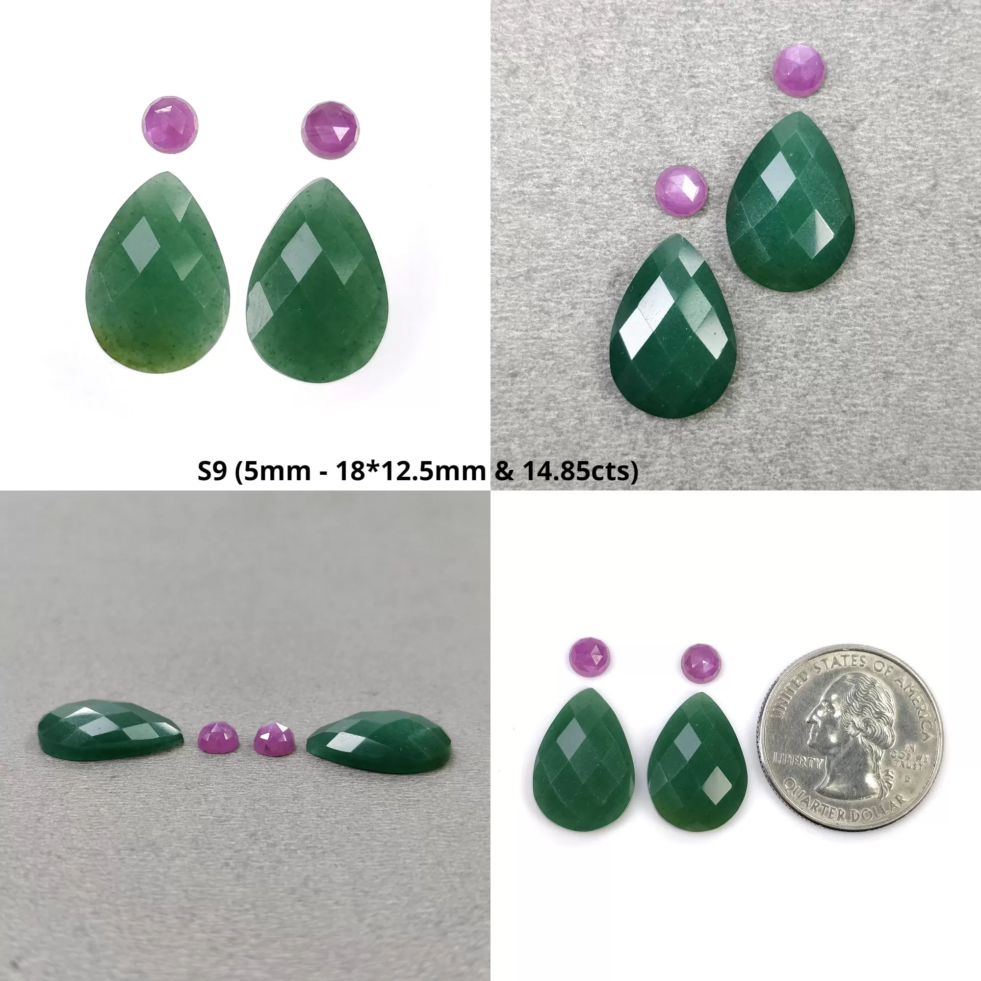 GREEN QUARTZITE & Raspberry Pink Sapphire Gemstone Checker Rose Cut : Natural Untreated Quartzite Pear Round Shape 4pcs