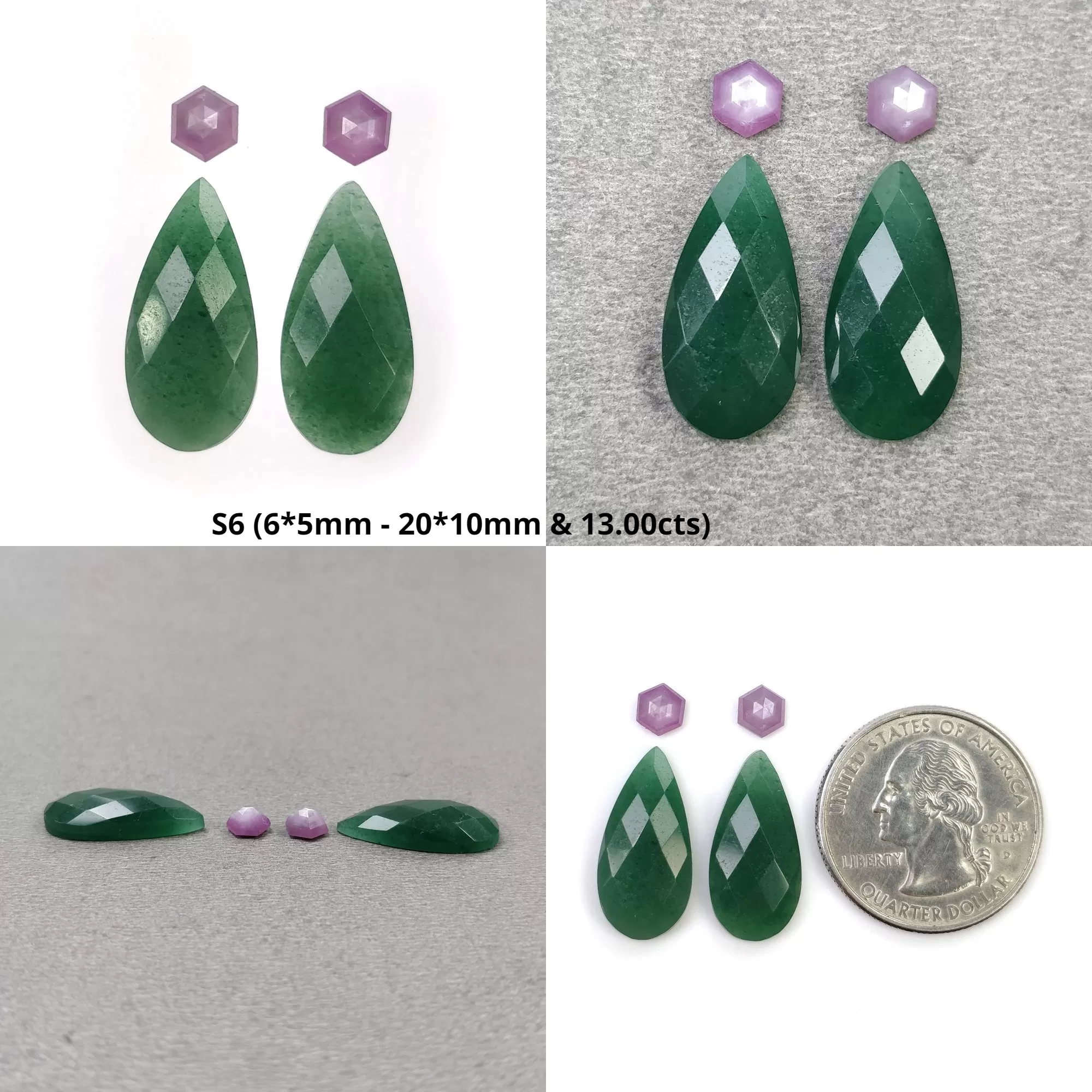 GREEN QUARTZITE & Raspberry Pink Sapphire Gemstone Checker Rose Cut : Natural Untreated Quartzite Pear Round Shape 4pcs