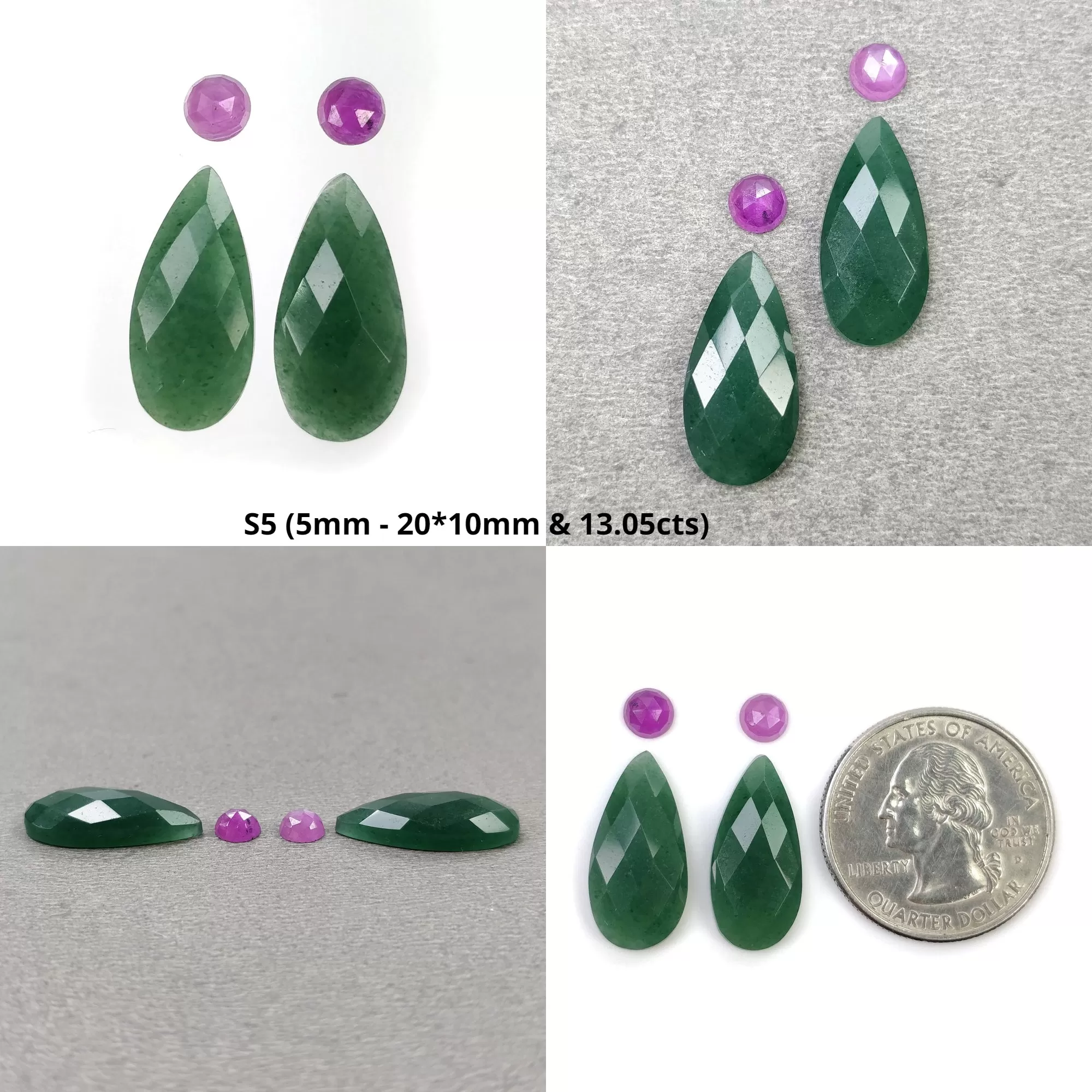 GREEN QUARTZITE & Raspberry Pink Sapphire Gemstone Checker Rose Cut : Natural Untreated Quartzite Pear Round Shape 4pcs