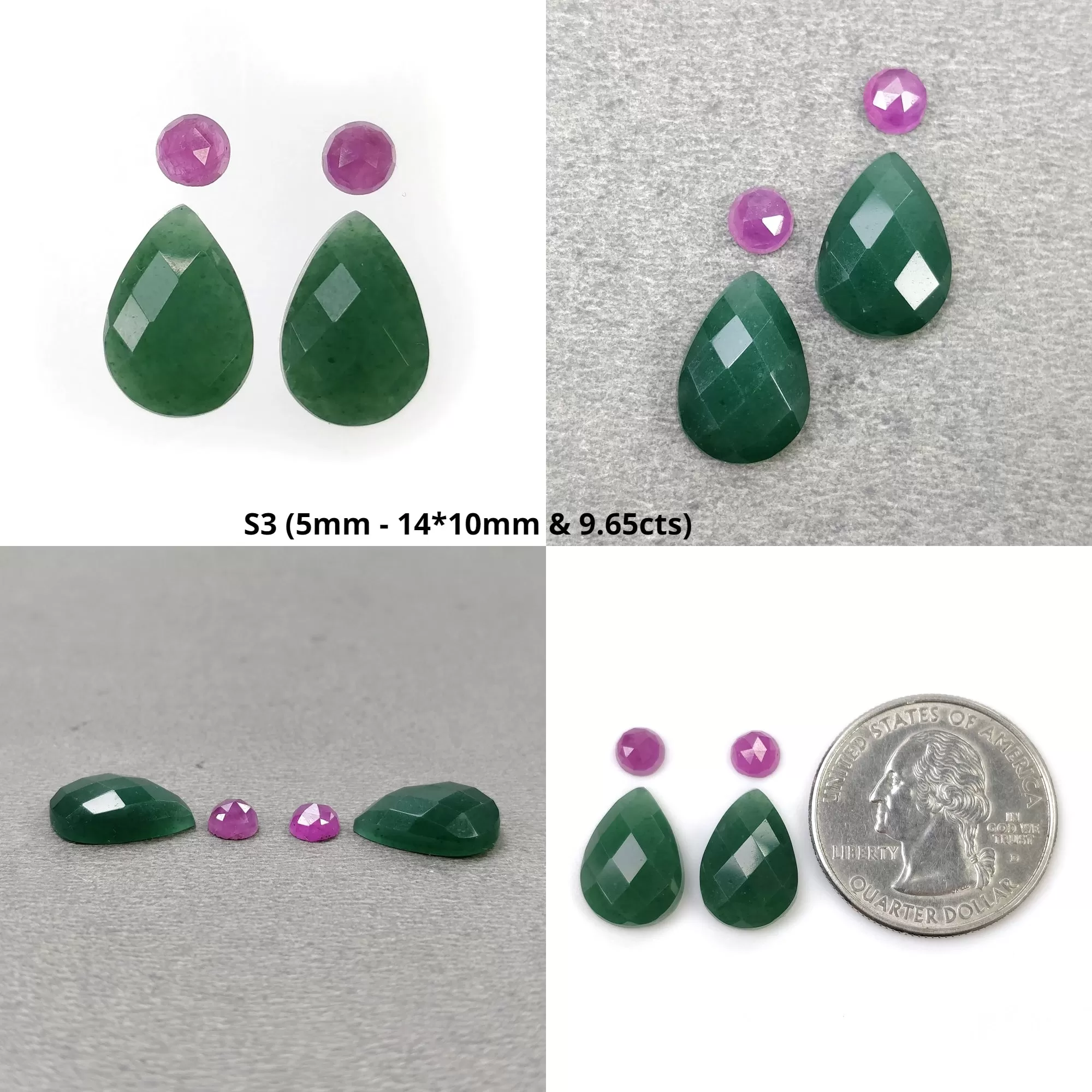 GREEN QUARTZITE & Raspberry Pink Sapphire Gemstone Checker Rose Cut : Natural Untreated Quartzite Pear Round Shape 4pcs