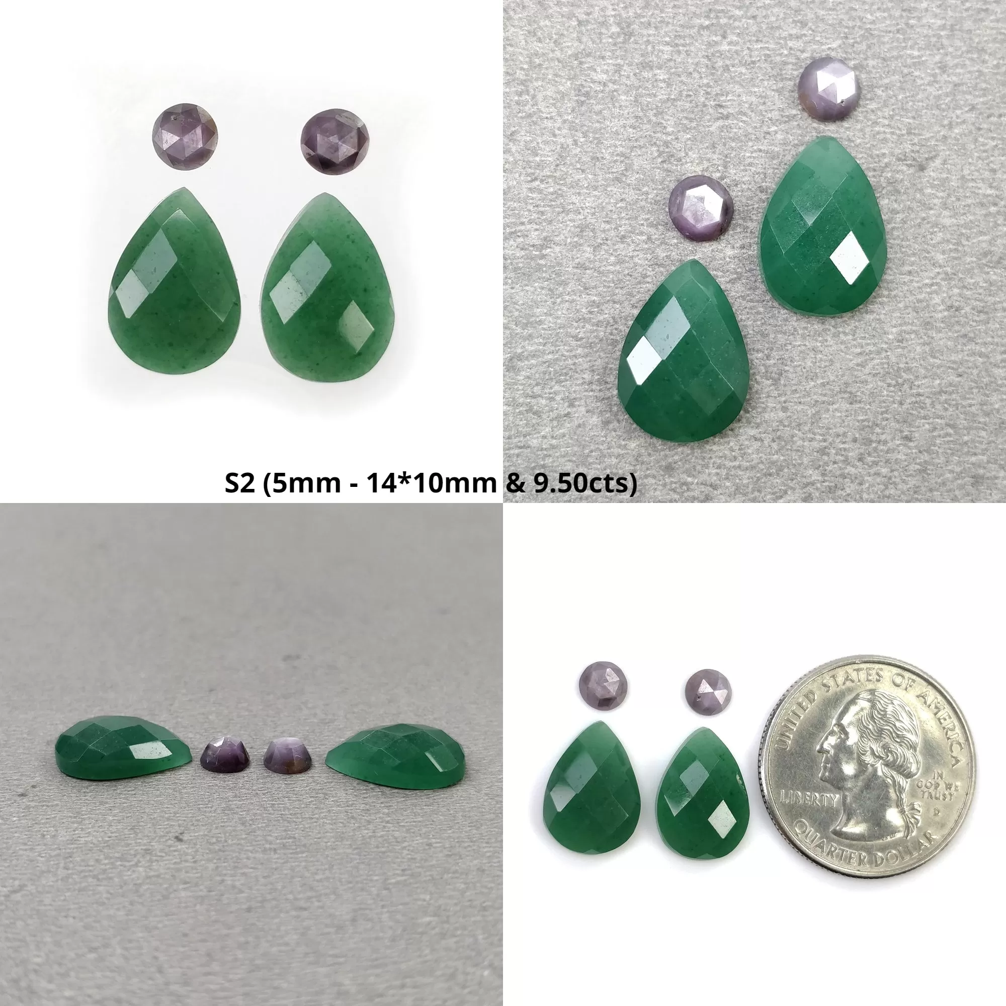 GREEN QUARTZITE & Raspberry Pink Sapphire Gemstone Checker Rose Cut : Natural Untreated Quartzite Pear Round Shape 4pcs