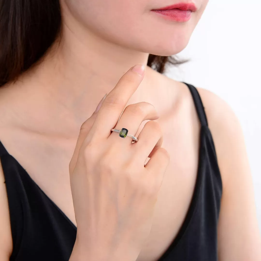 Green Tourmaline Cushion Solitaire Ring