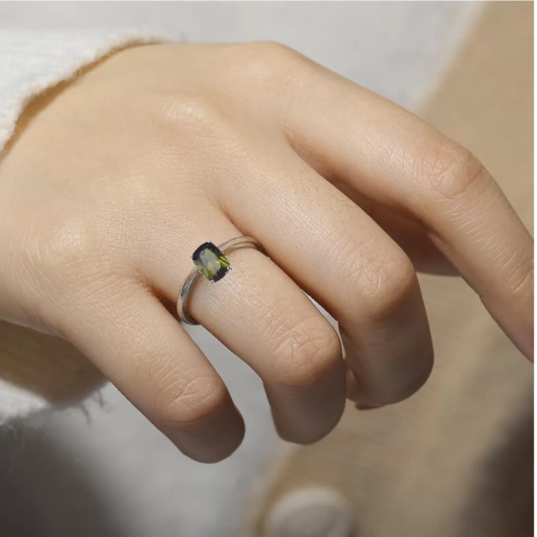 Green Tourmaline Cushion Solitaire Ring