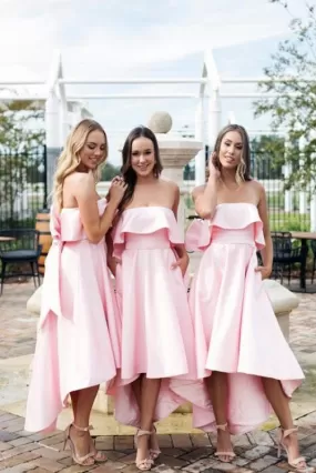 High Low Strapless Pink Short Bridesmaid Dress