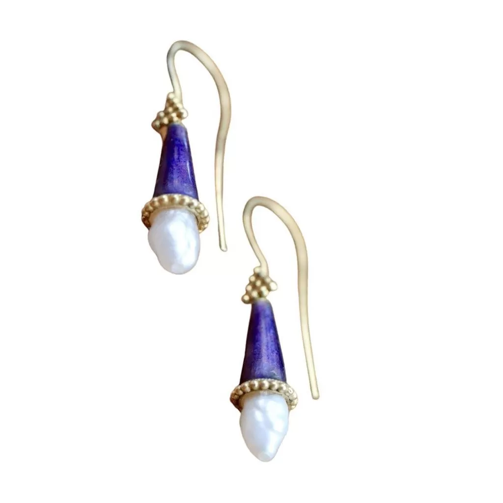 Jane Foole Royal Blue Enamel and Pearl Earrings