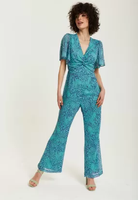 Liquorish Blue Animal Print Knot Front Jumpsuit