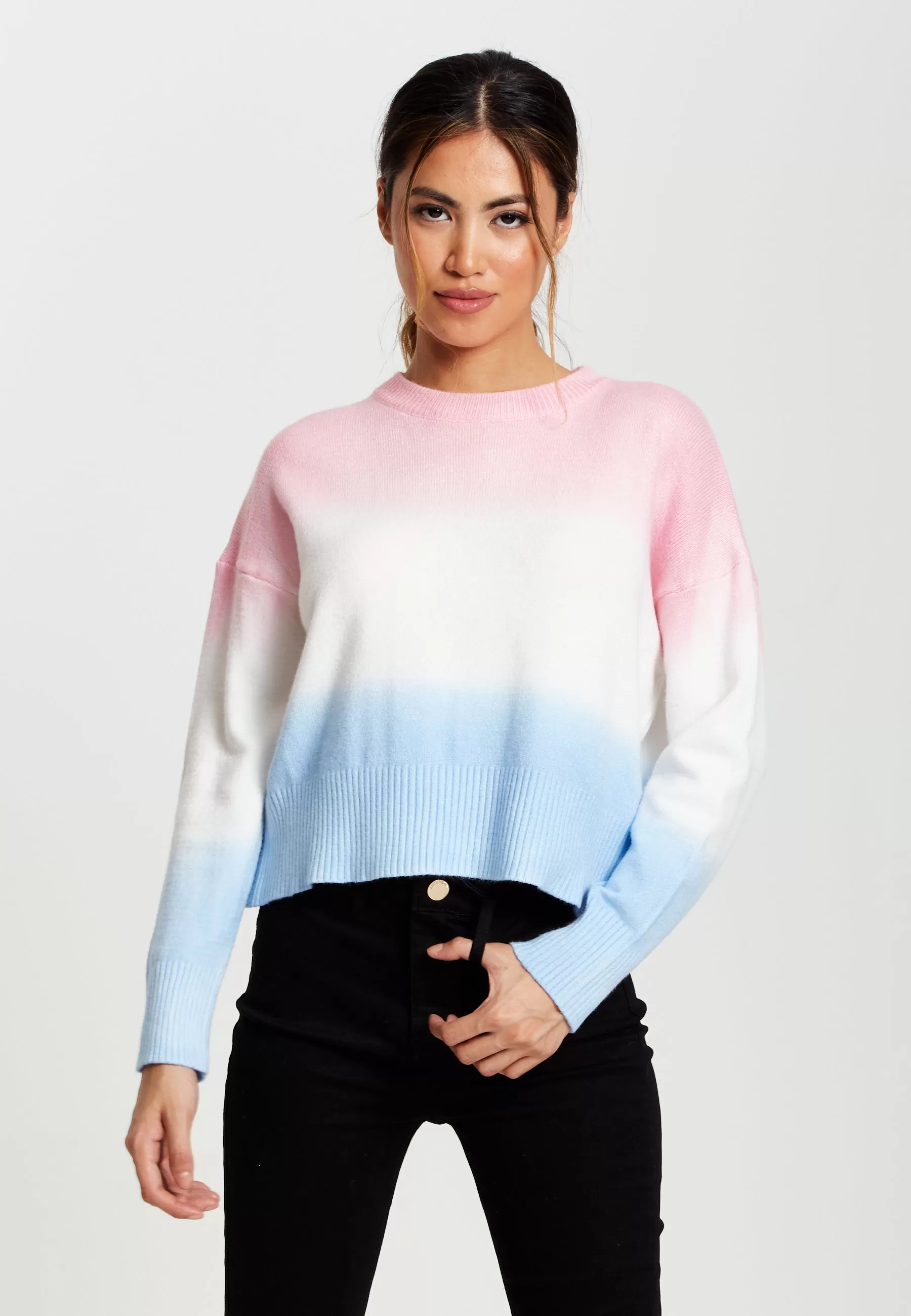 Liquorish Ombre Pattern Jumper In Pink, White And Blue