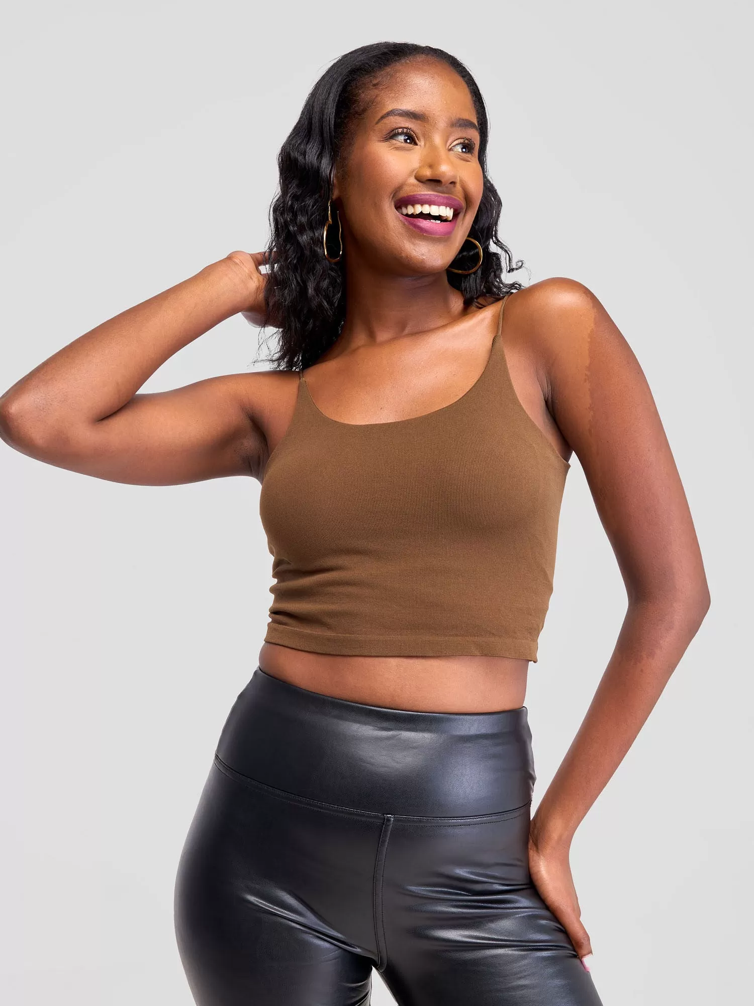 Lola Sleeveless Spaghetti Strap Crop Top With Open Back - Chocolate