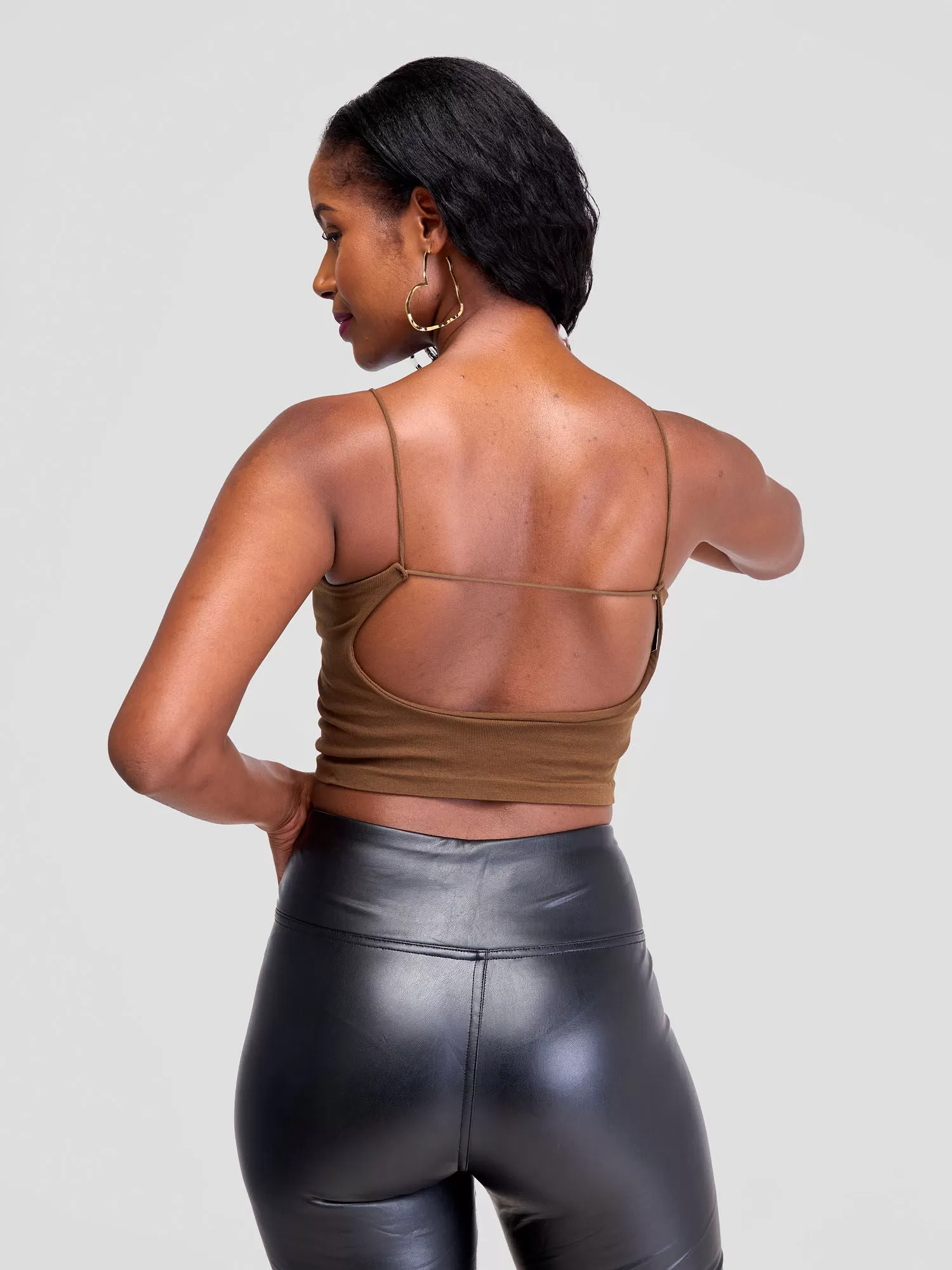 Lola Sleeveless Spaghetti Strap Crop Top With Open Back - Chocolate