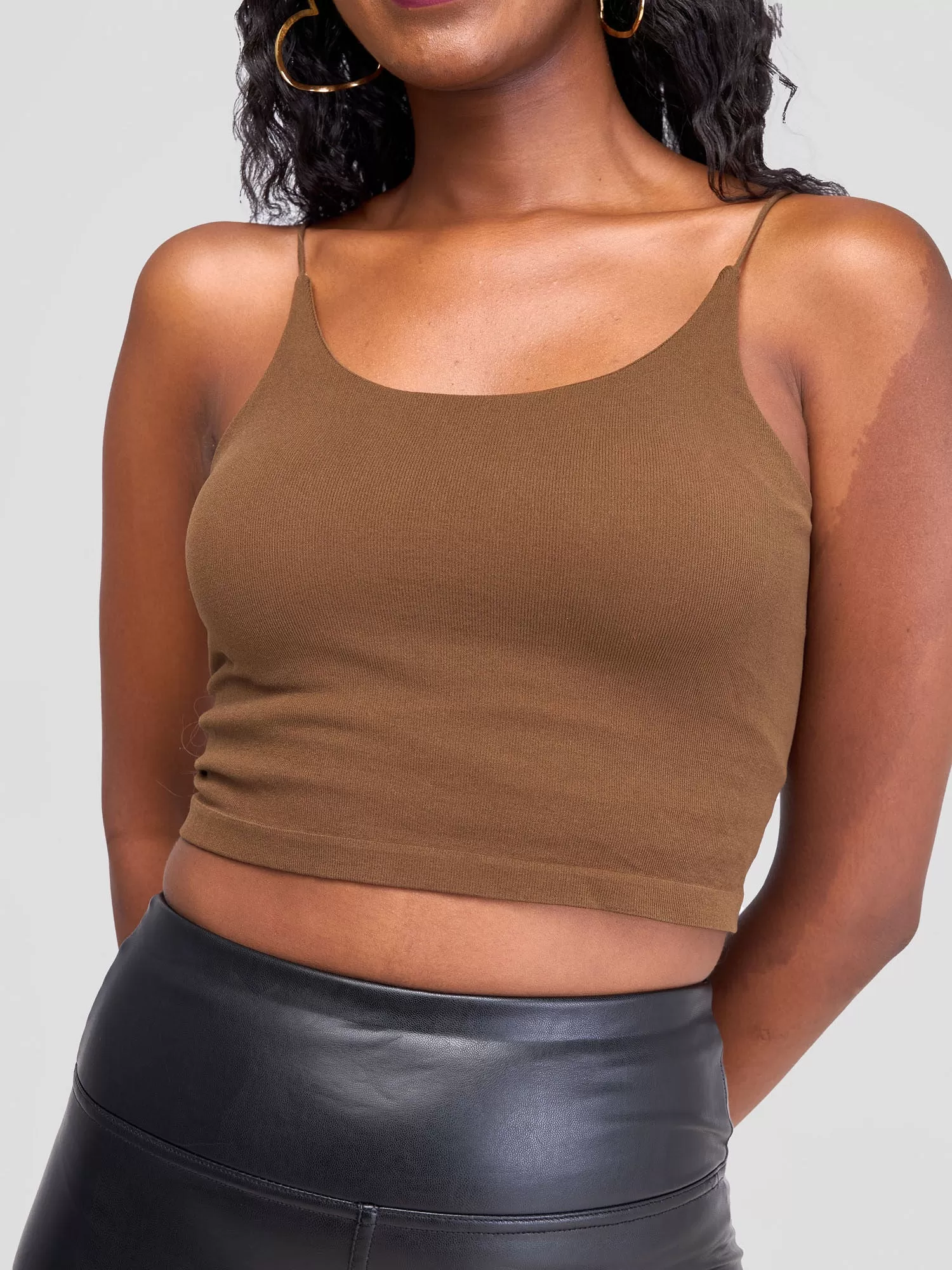 Lola Sleeveless Spaghetti Strap Crop Top With Open Back - Chocolate