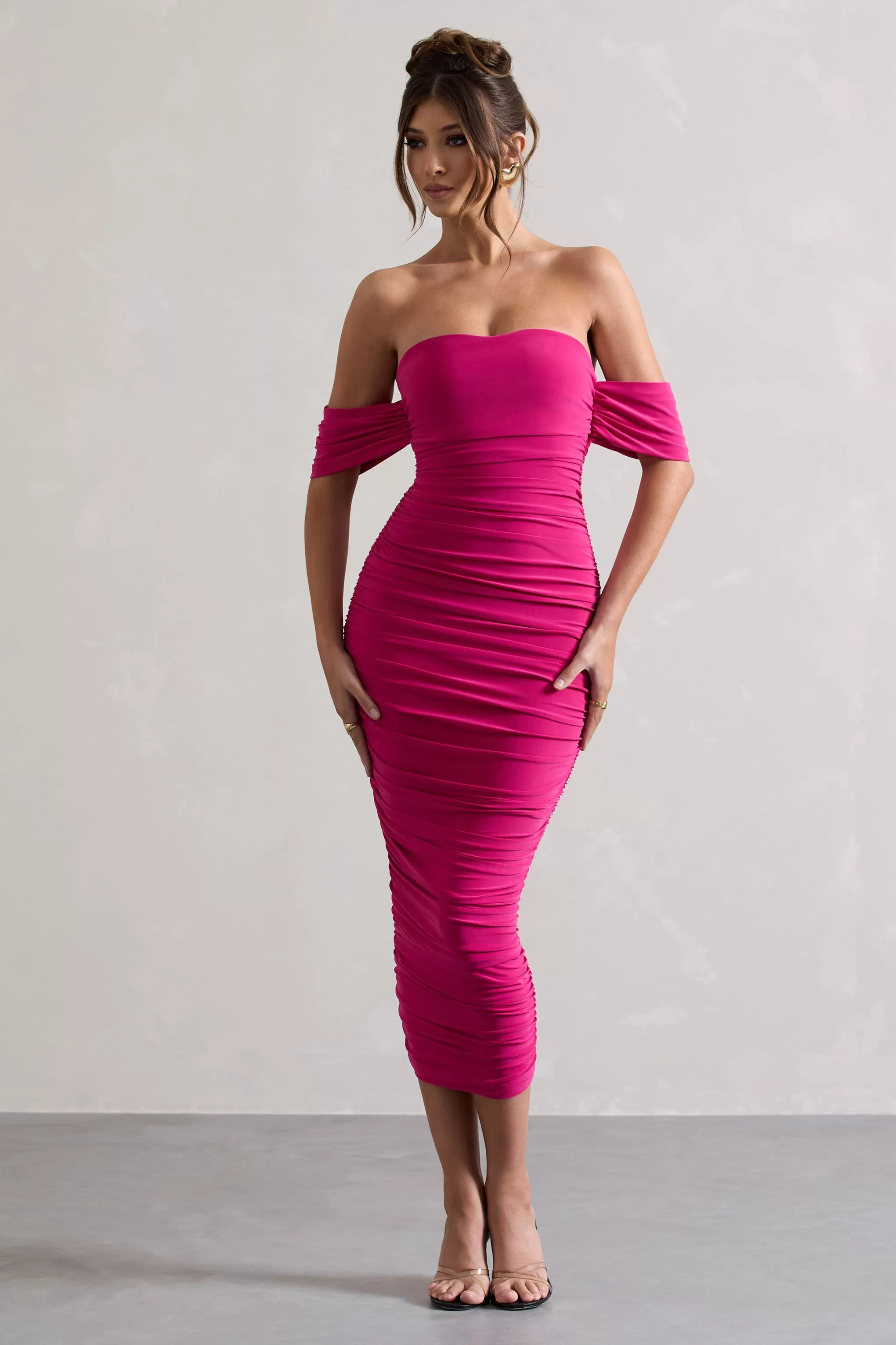 Lost For Words | Pink Bardot Ruched Draped Midi Dress