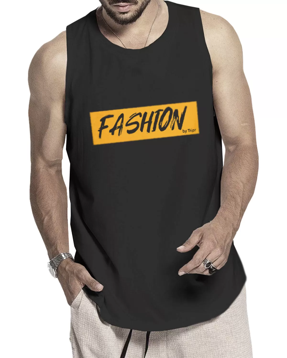 Men Plain Black Printed Sleeveless Vest