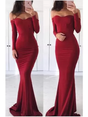 Mermaid Burgundy Prom Dress Off The Shoulder Long Sleeve Prom Dress #ER430