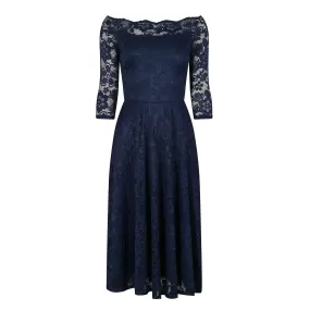 Navy Blue Lace Vintage Style Swing Dress With 3/4 Sleeves & Boat Neck