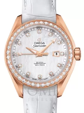 OMEGA SEAMASTER AQUA TERRA 150M CO-AXIAL CHRONOMETER 34MM ROSE GOLD DIAMOND BEZEL WHITE MOTHER OF PEARL DIAL DIAMOND SET INDEX 231.58.34.20.55.002 WITH ALLIGATOR LEATHER STRAP