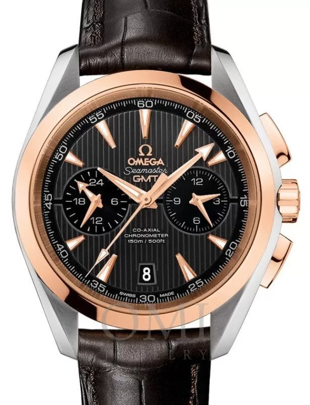 OMEGA SEAMASTER AQUA TERRA 150M CO-AXIAL CHRONOMETER GMT CHRONOGRAPH 43MM STAINLESS STEEL RED GOLD GREY DIAL 231.23.43.52.06.001 WITH ALLIGATOR LEATHER STRAP