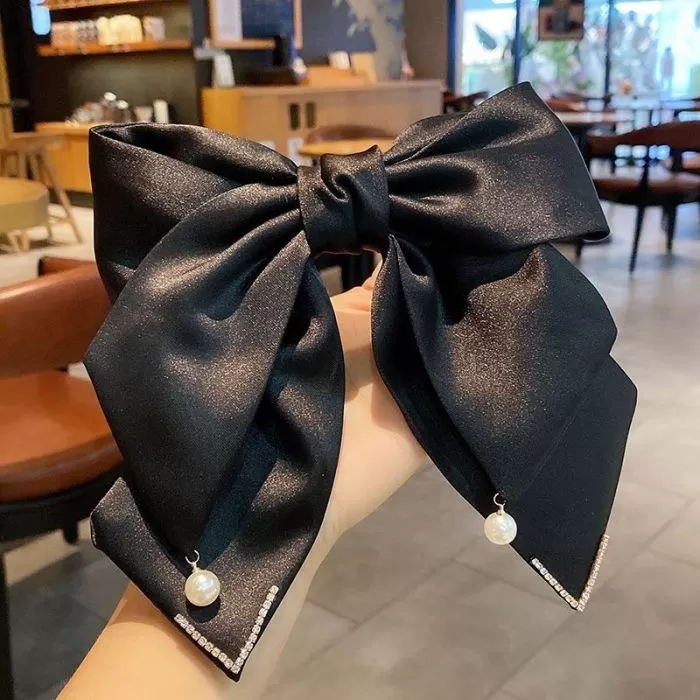 Oversized Satin Bow Pearled Hair Slide Clip