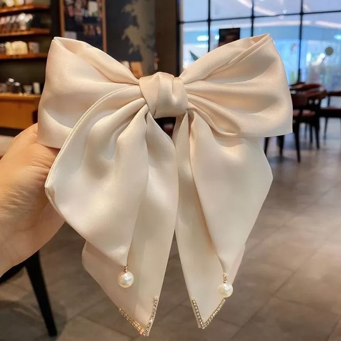 Oversized Satin Bow Pearled Hair Slide Clip