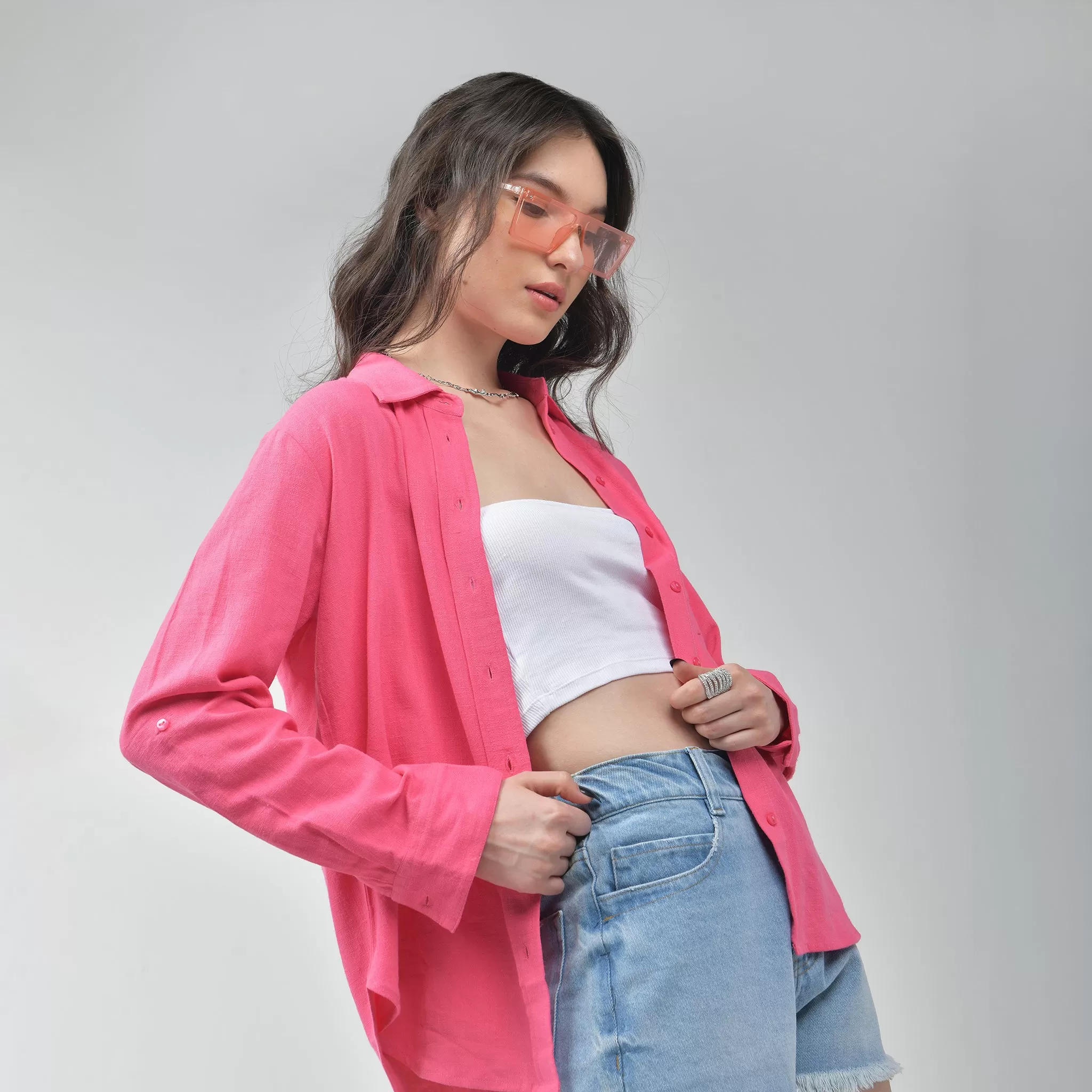 Pink Relaxed-fit Linen Shirt For Women