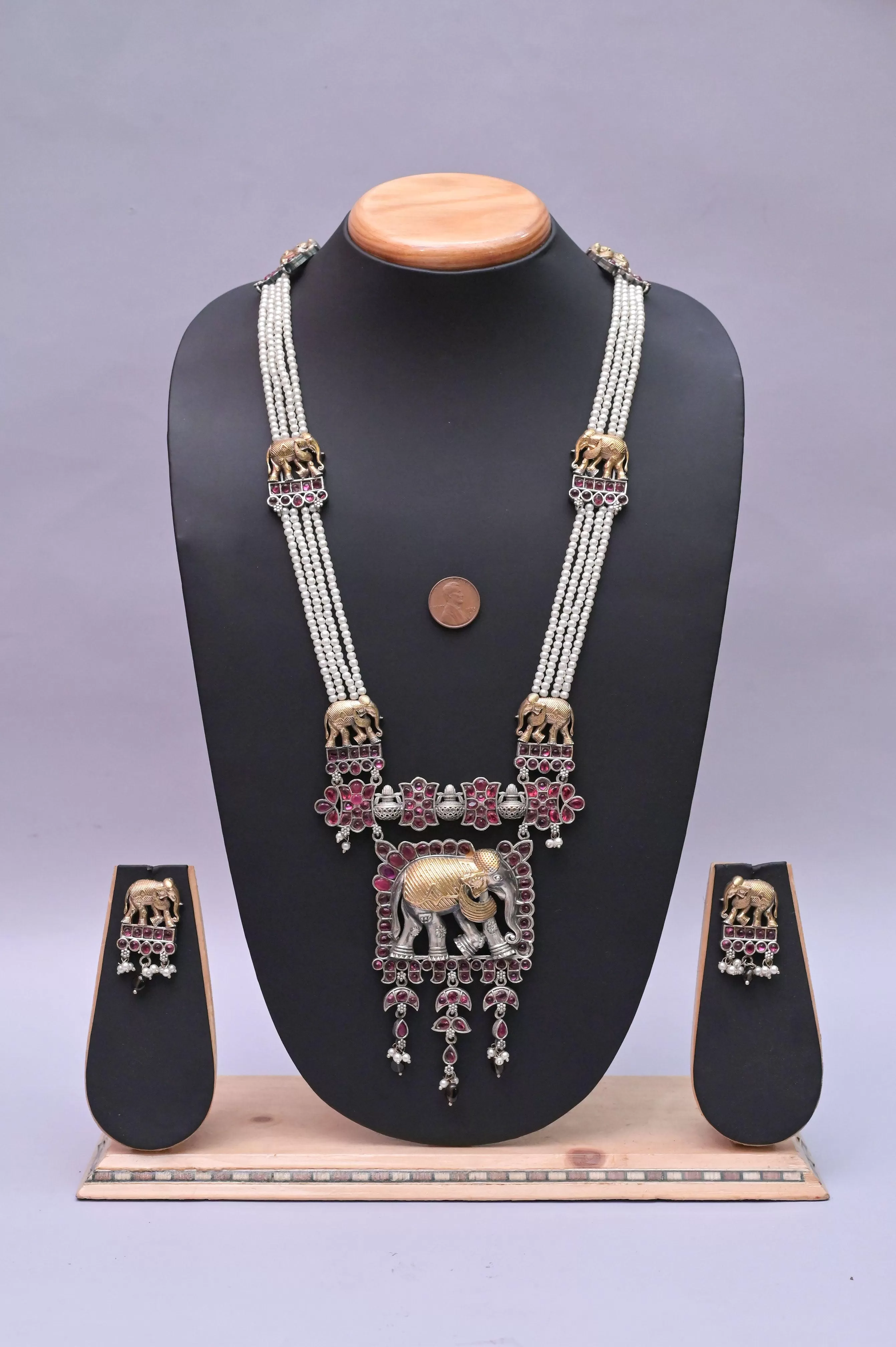 Rajasthani Style Silver and Golden Sitahar Style Long Necklace Set with Monalisa Stonework