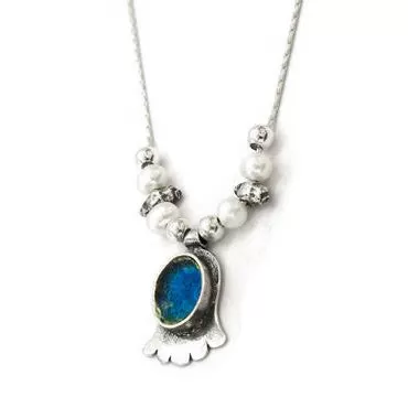 Roman Glass Hamsa With Pearls Necklace