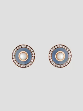 Round Enamel Earrings in Pink Gold/Pearl/Diamond/Grey Enamel