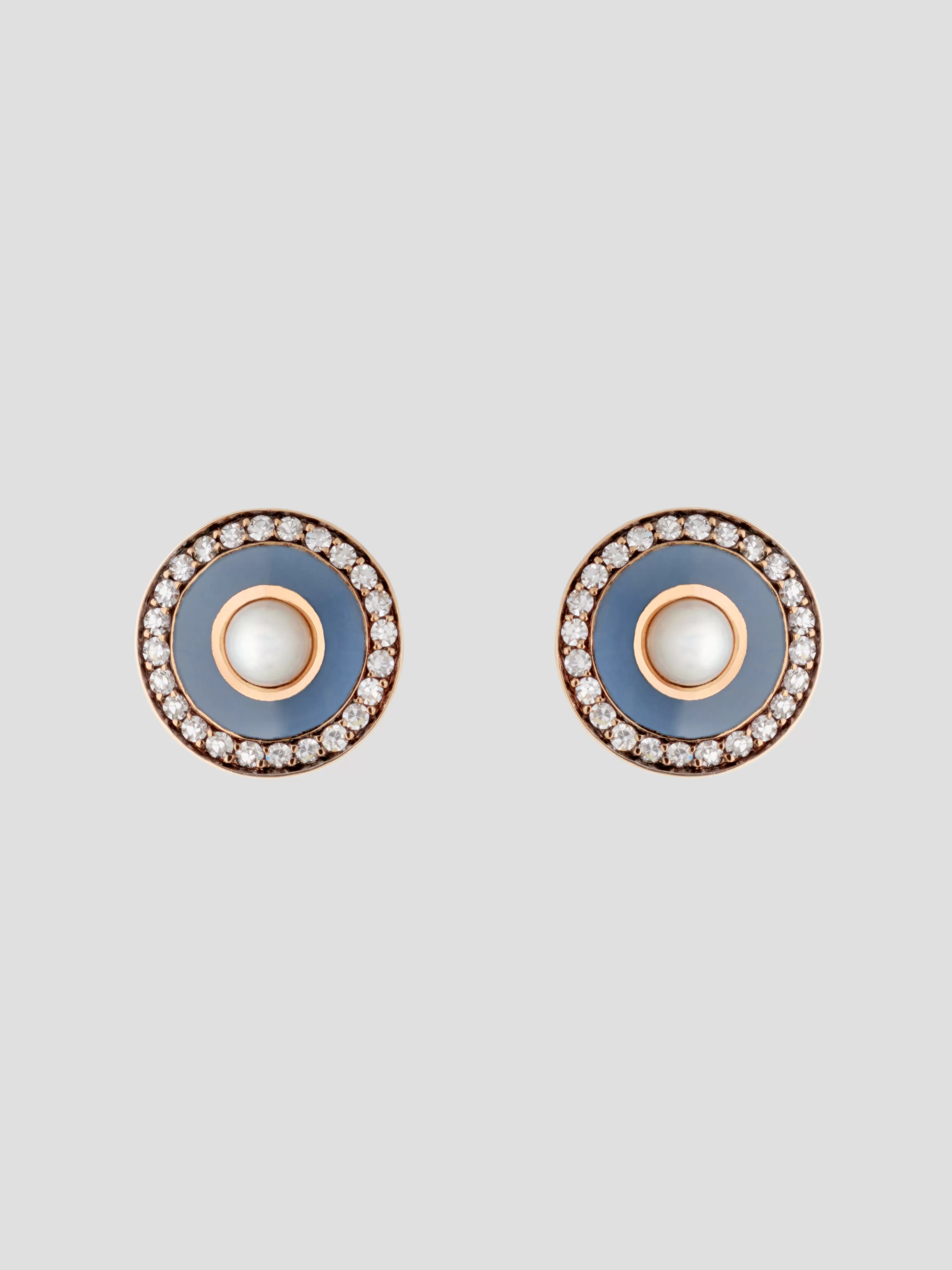 Round Enamel Earrings in Pink Gold/Pearl/Diamond/Grey Enamel