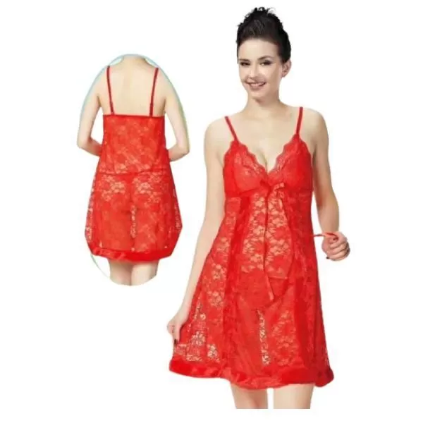 Short Net Semi Transparent Lingerie Nighty-Red