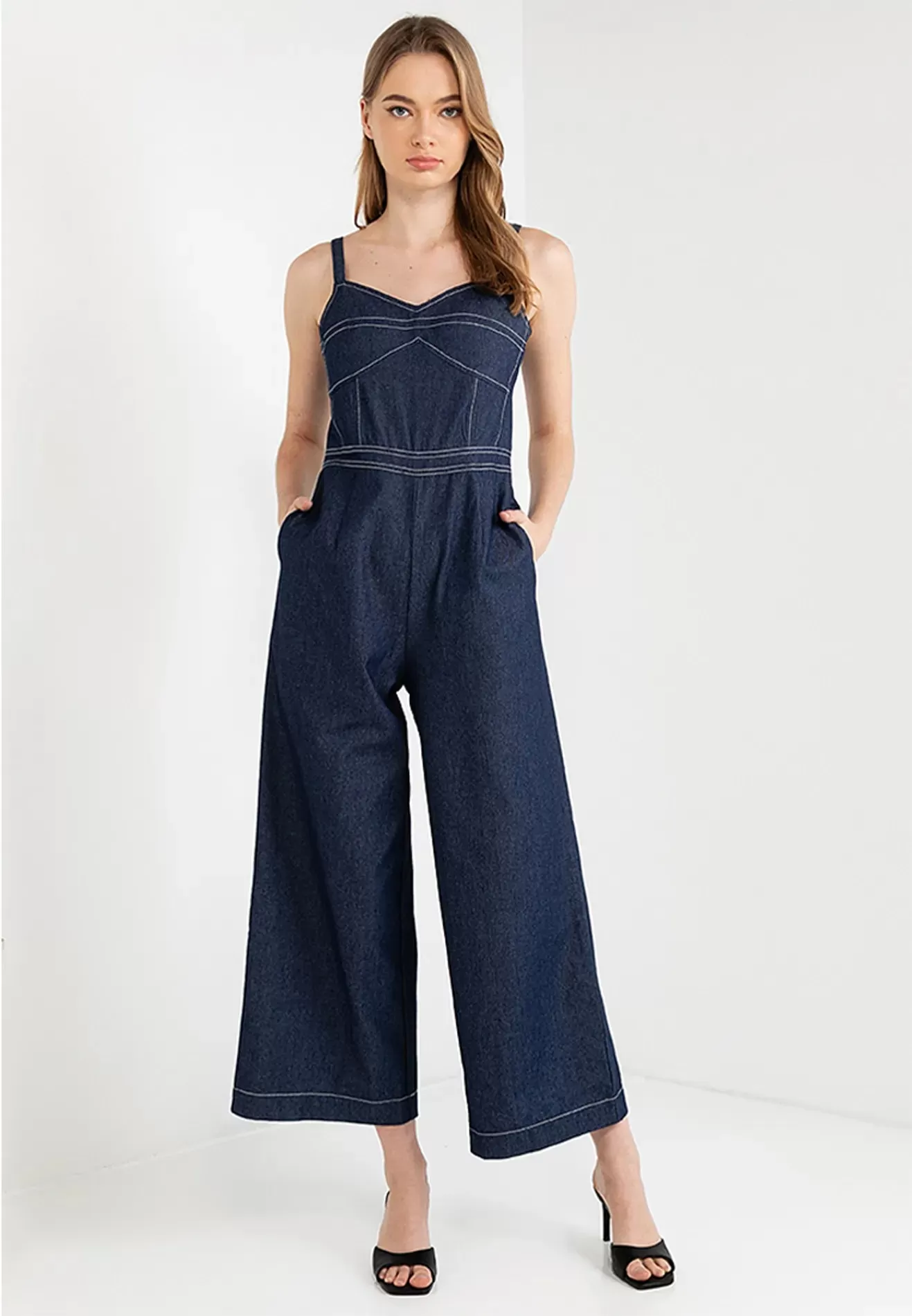 Sleeveless Padded Denim Jumpsuit