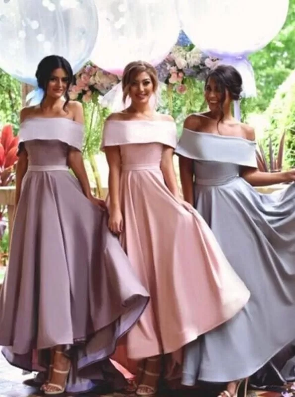 Special Off Shoulder Lapel Hi-Low Pink Bridesmaid Dress