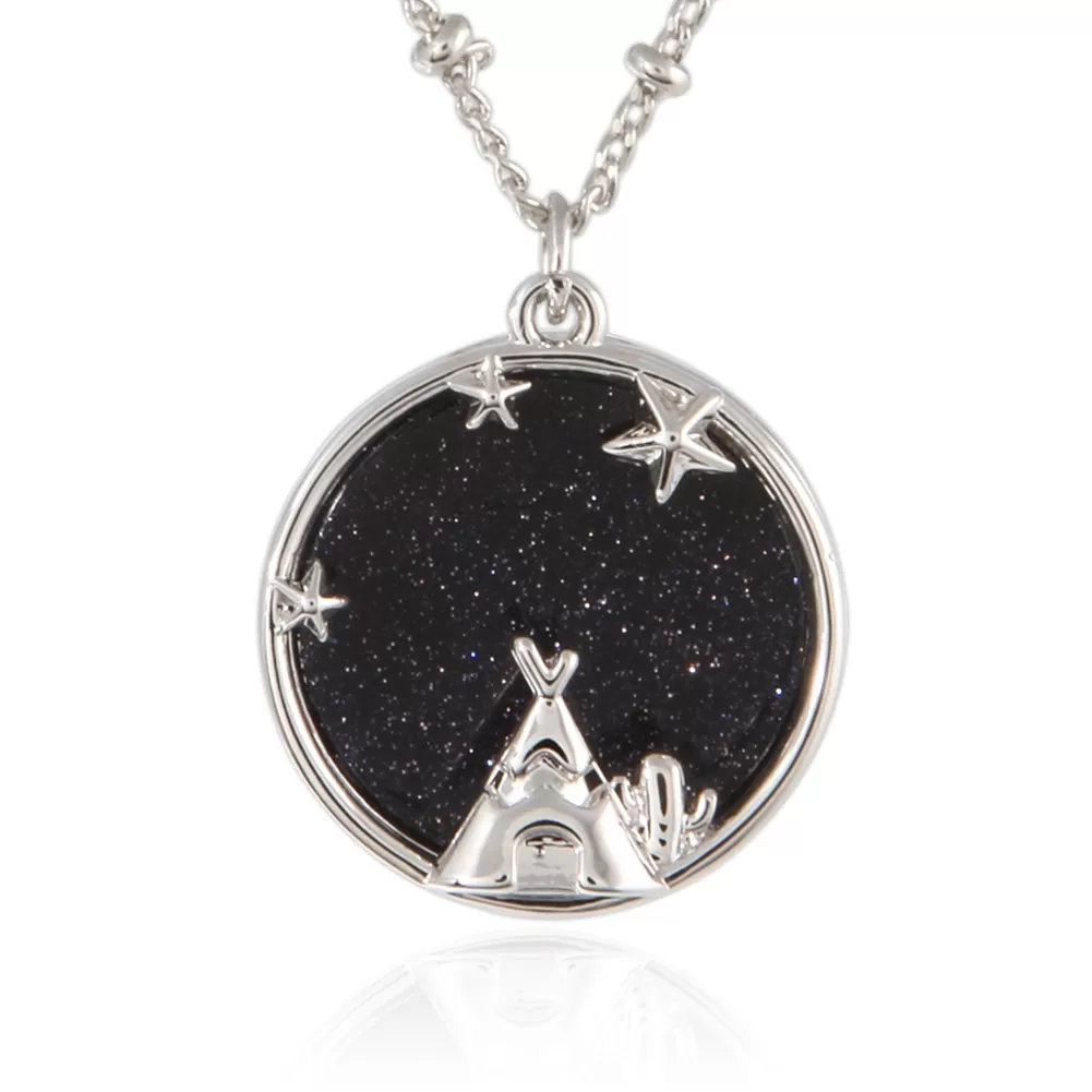 Stars and Teepee_Blue Goldstone Disc Pendant Necklace, 21.5 inches