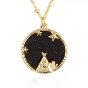 Stars and Teepee_Blue Goldstone Disc Pendant Necklace, 21.5 inches