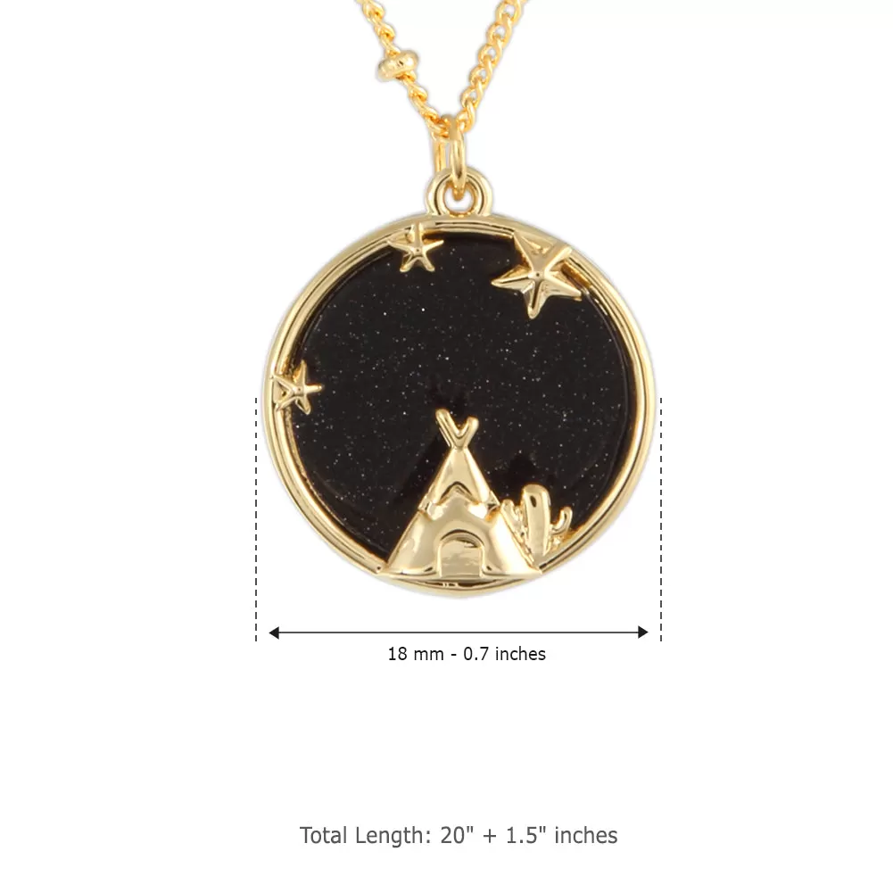 Stars and Teepee_Blue Goldstone Disc Pendant Necklace, 21.5 inches