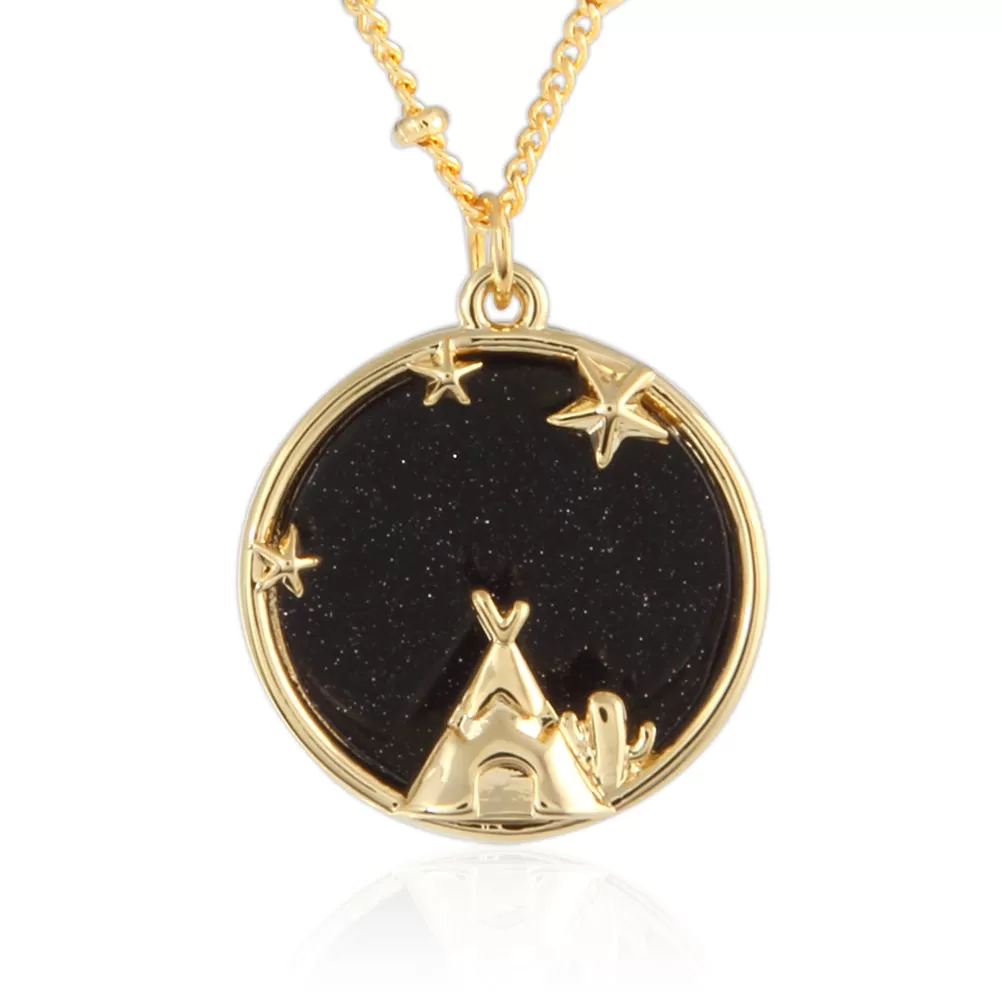 Stars and Teepee_Blue Goldstone Disc Pendant Necklace, 21.5 inches