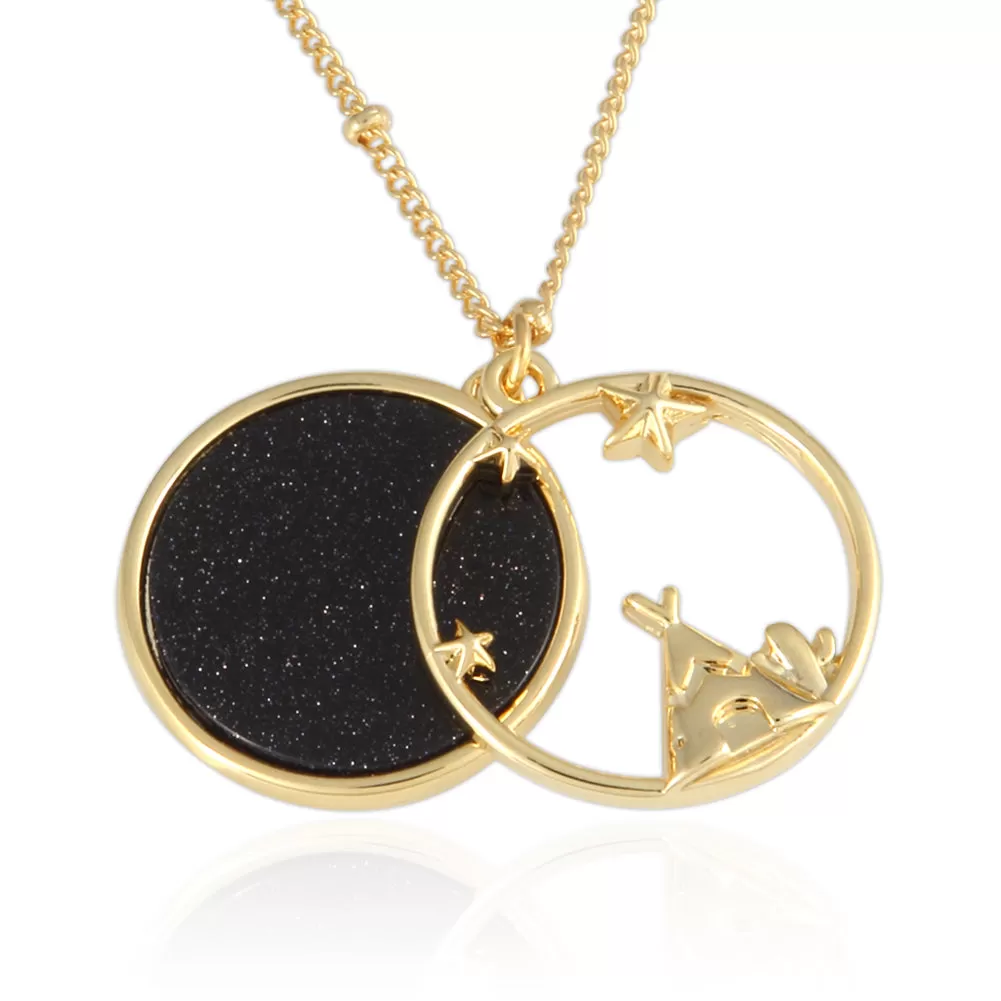 Stars and Teepee_Blue Goldstone Disc Pendant Necklace, 21.5 inches