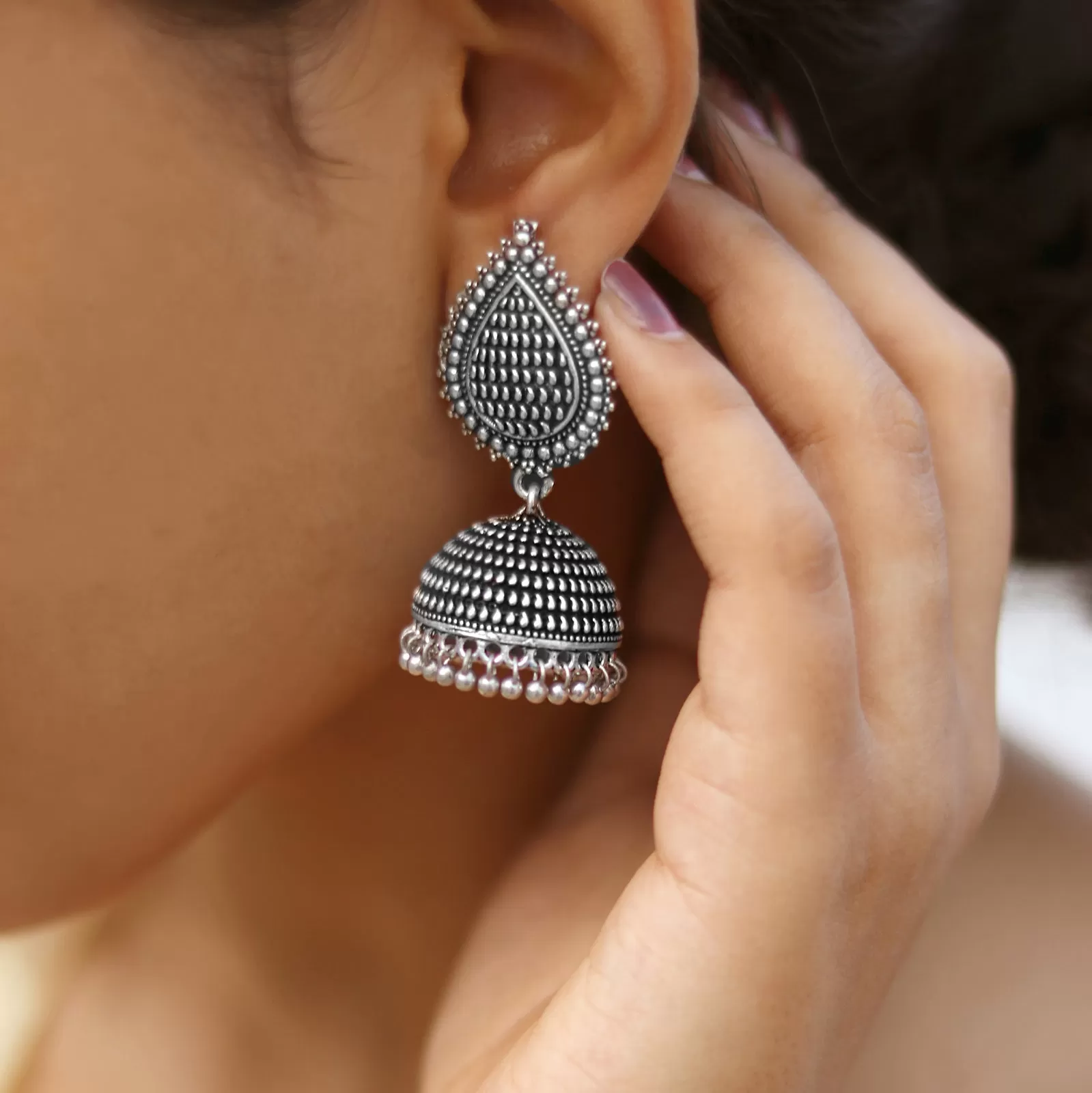 Teejh Anukriti Leaf Silver Oxidised Jhumki