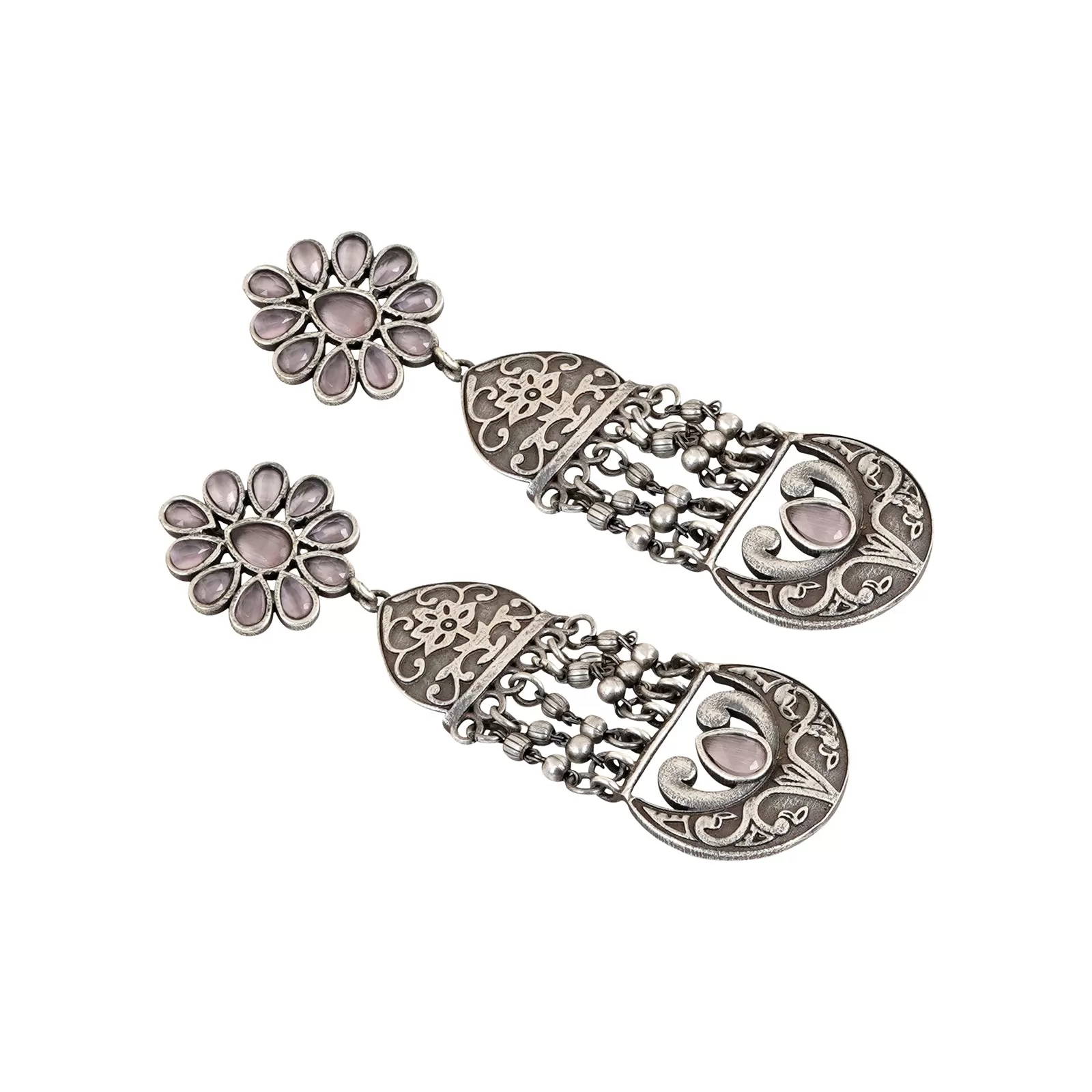 Teejh Bina Floral Pink  Silver Oxidised Earrings