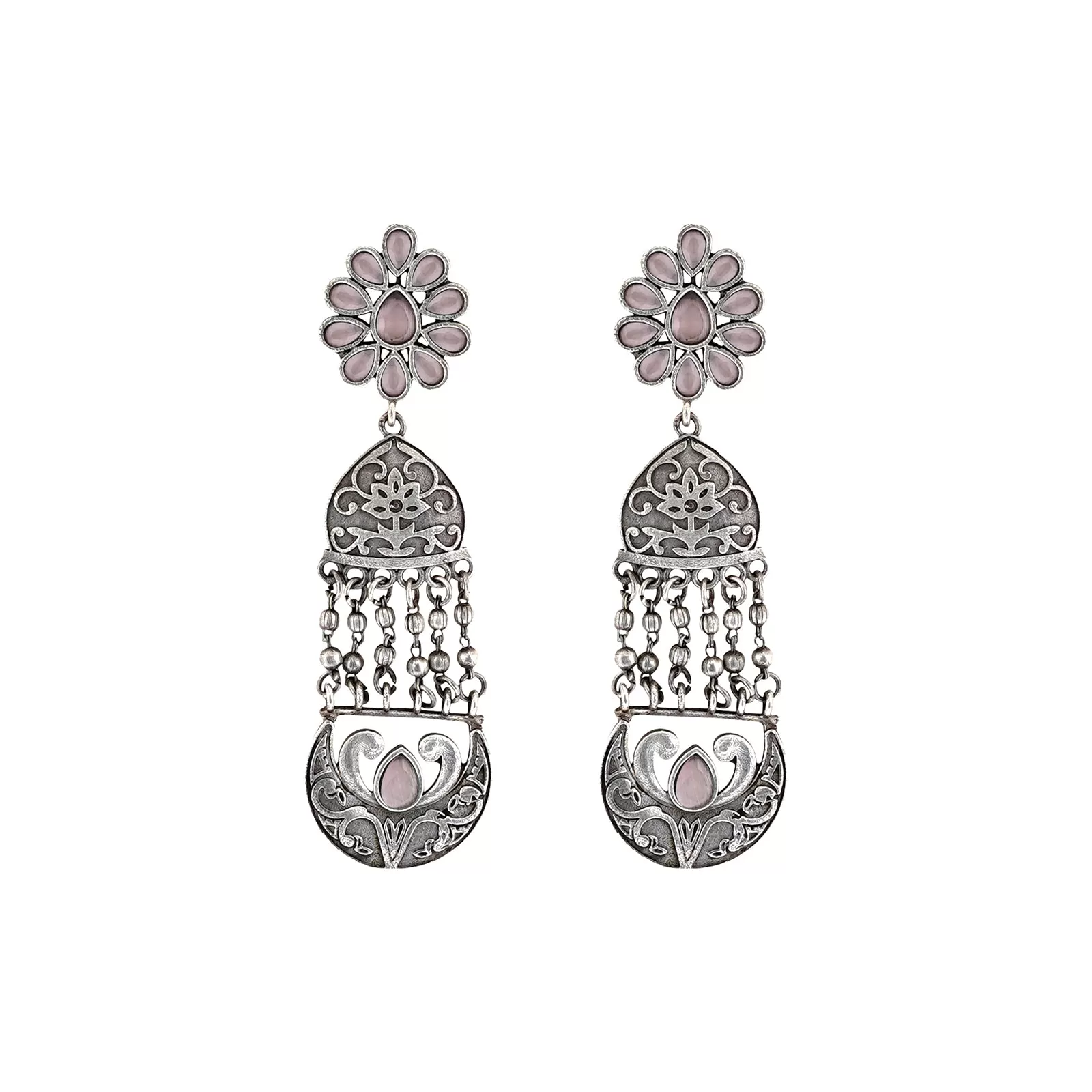 Teejh Bina Floral Pink  Silver Oxidised Earrings