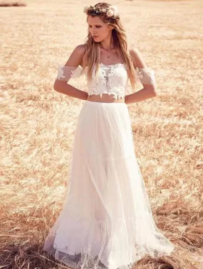 Two Piece Beach Wedding Dress Lace Cheap Long Wedding Dress #ER051