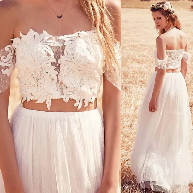 Two Piece Beach Wedding Dress Lace Cheap Long Wedding Dress #ER051