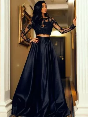 Two Piece Prom Dress Black Lace Long Prom Dress #ER057