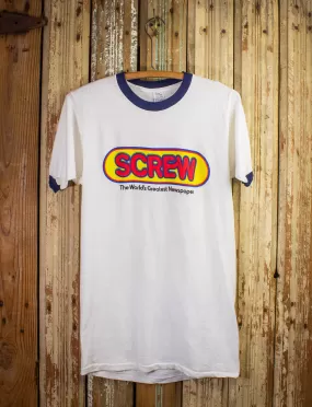 Vintage Screw Newspaper Graphic Ringer T Shirt 70s White Small