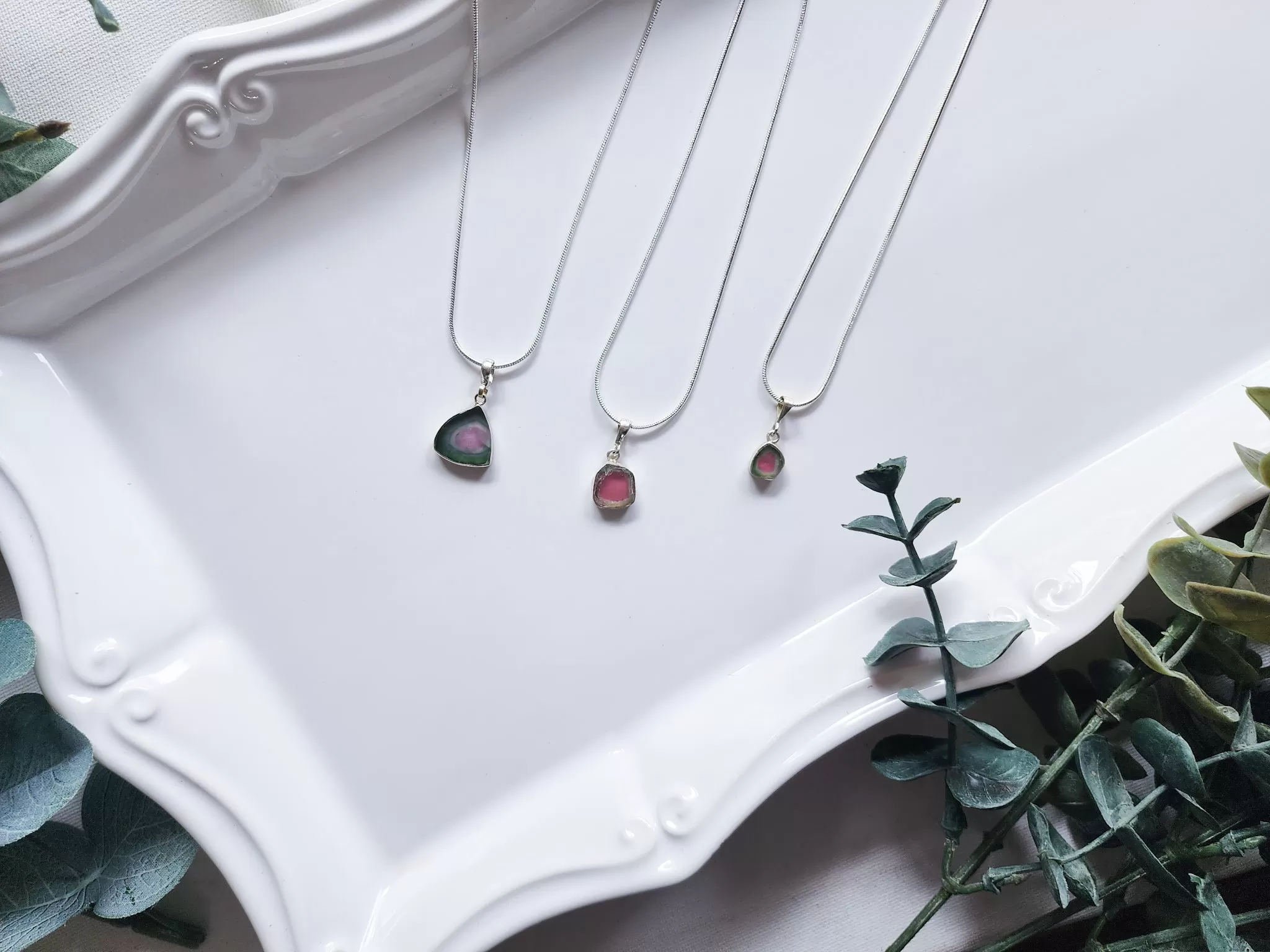 Watermelon Tourmaline Slice Sterling Necklace