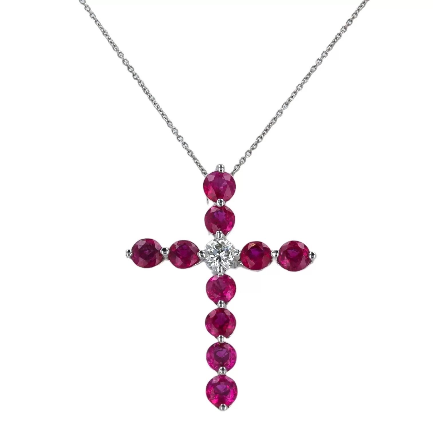 White 14k gold red ruby one center diamond cross necklace